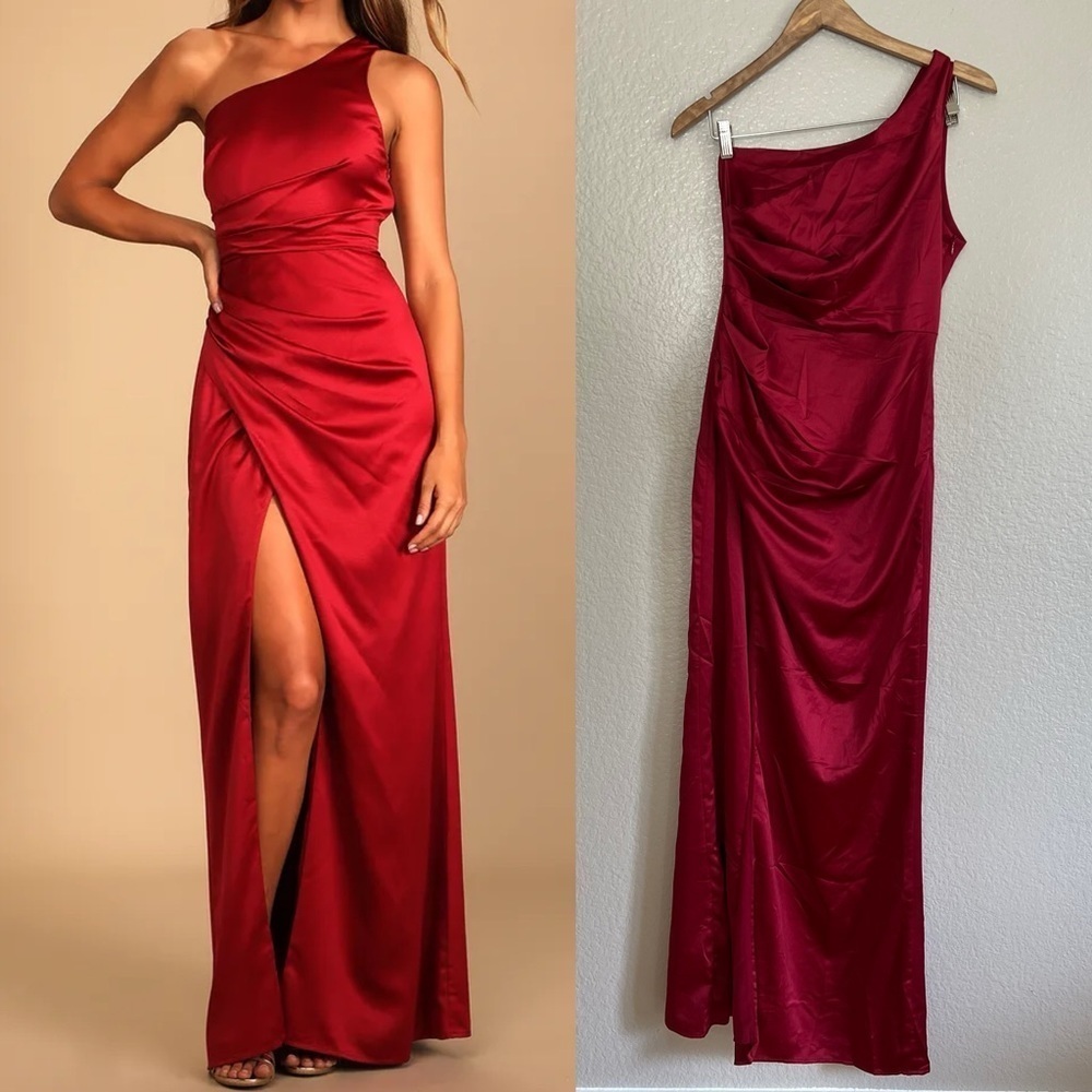 NWOT Dreaming of Elegance Wine Red Satin One-Shoulder Maxi Dress